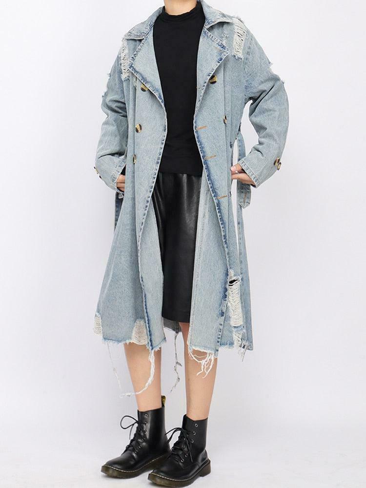 Distressed Denim Trench Coat for Y2K Style: Perfect for Grunge Summer Outfits