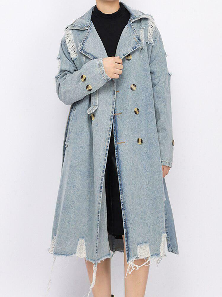 Distressed Denim Trench Coat for Y2K Style: Perfect for Grunge Summer Outfits