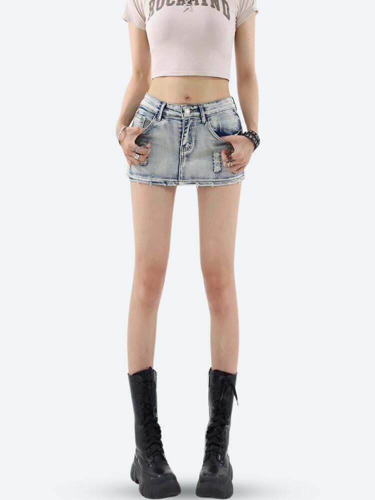 Distressed Low Rise A-Line Denim Mini Skirt - Vintage Y2K Style with Lace-Up Detail