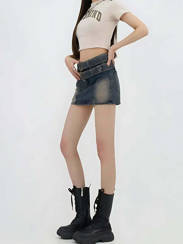 Double Belted Denim Mini Skort - Trendy Y2K Clothing for a Stylish Look