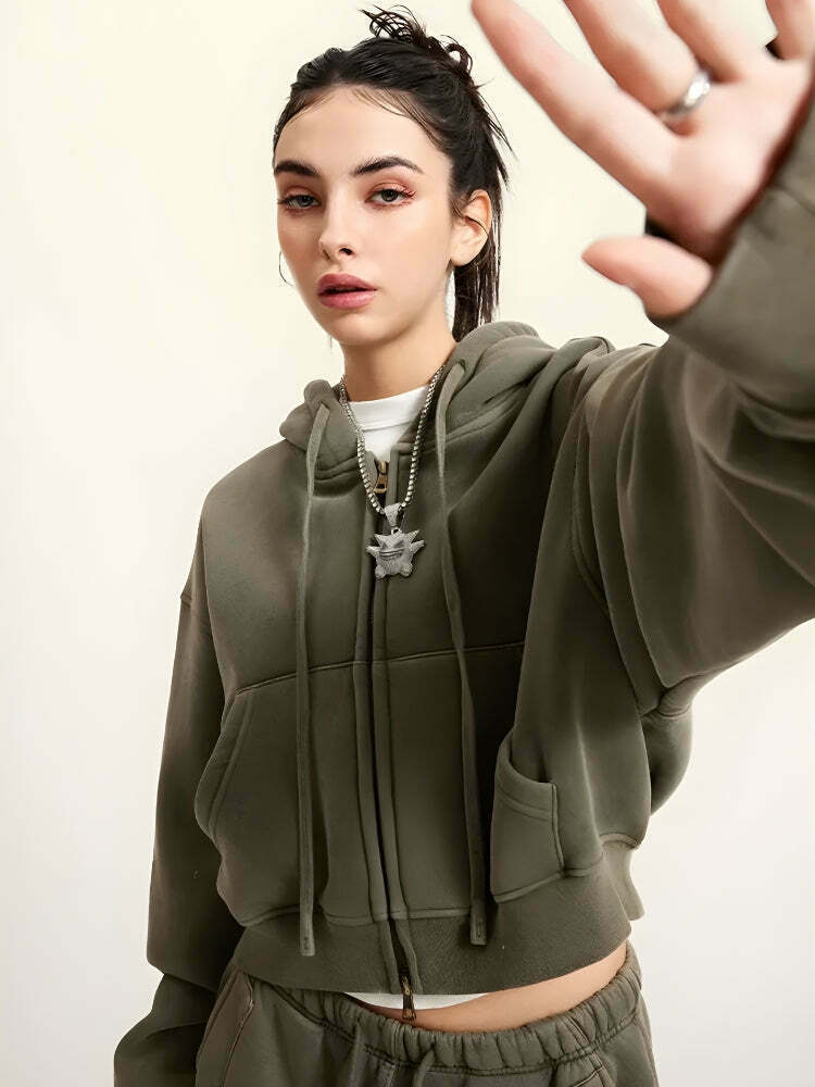 Double Zip-Up Cropped Hoodie for Trendy Y2K Style - Perfect Zip-Up Layering Piece