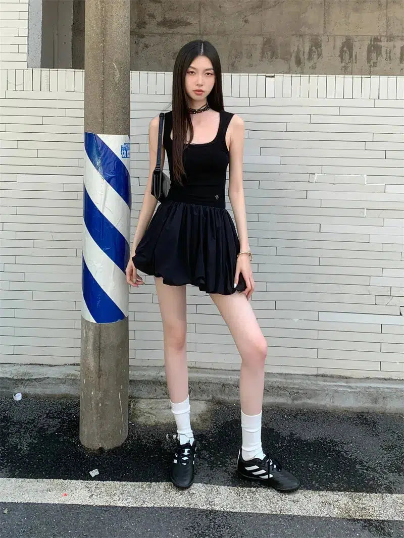 Edgy Bubble Mini Dress - Layered Y2K Fashion for a Trendy Cowgirl Look in Korean Style