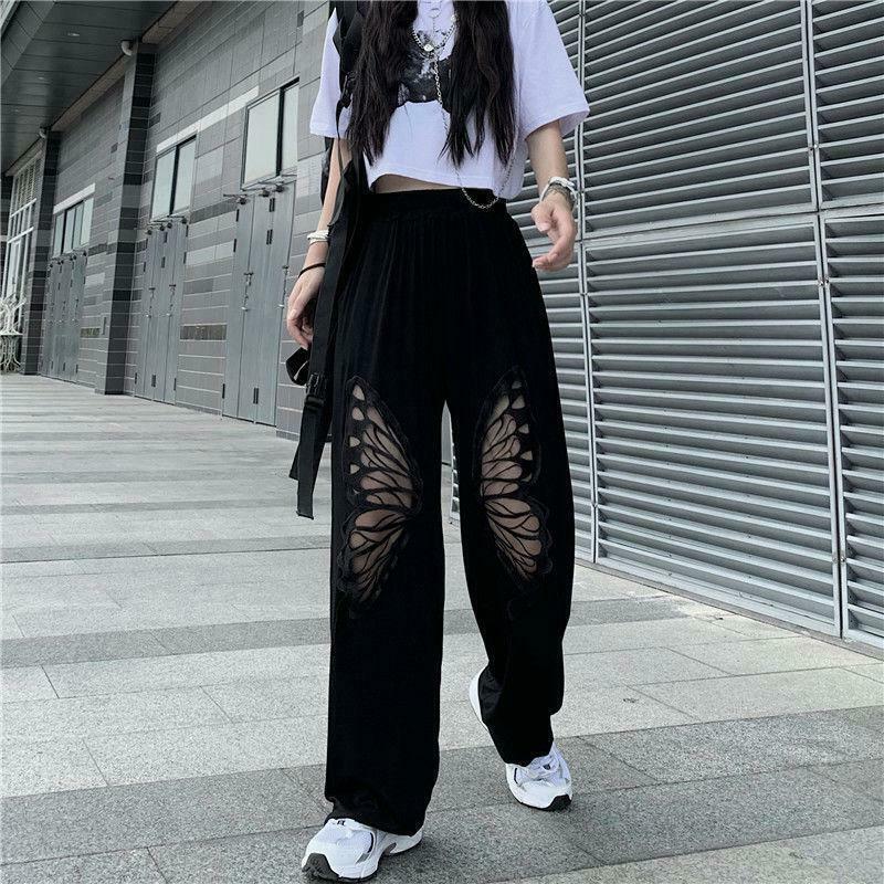 Elasticated Waist Butterfly Cut-Out Pants - Trendy Y2K Fashion for a Stylish Look