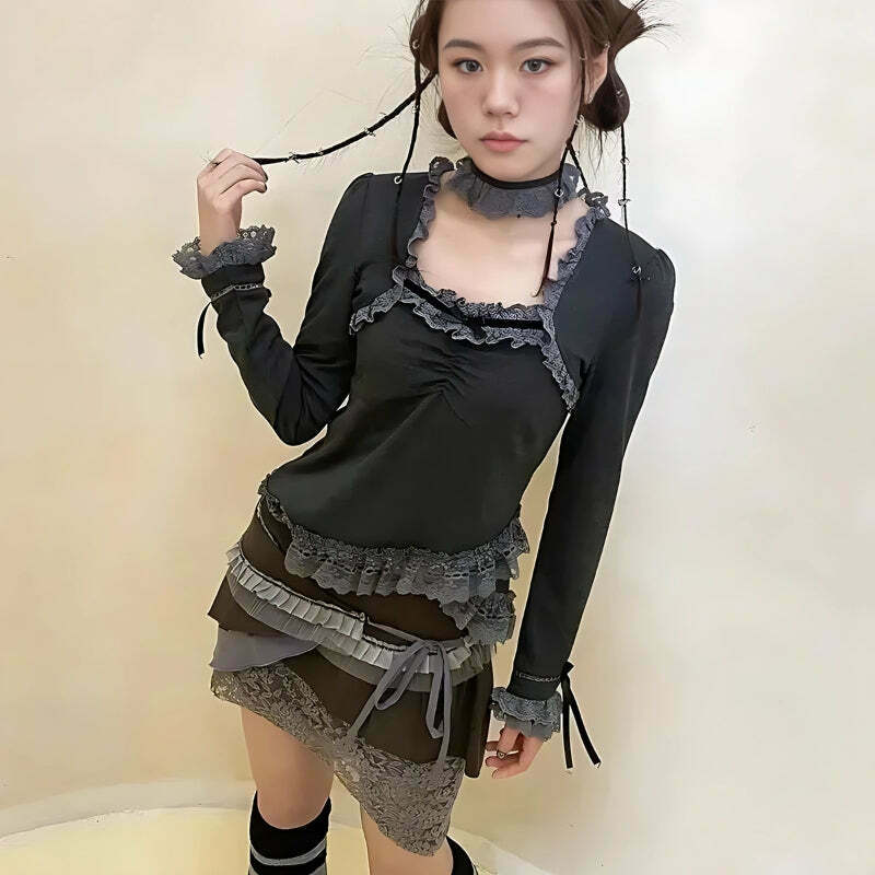 Fairy Grunge Asymmetric Lace Top - Trendy Korean Y2K Fashion with Skirt for Unique Style