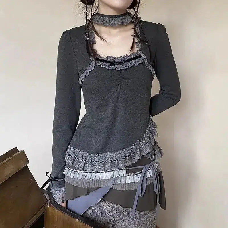 Fairy Grunge Asymmetric Lace Top - Trendy Korean Y2K Fashion with Skirt for Unique Style