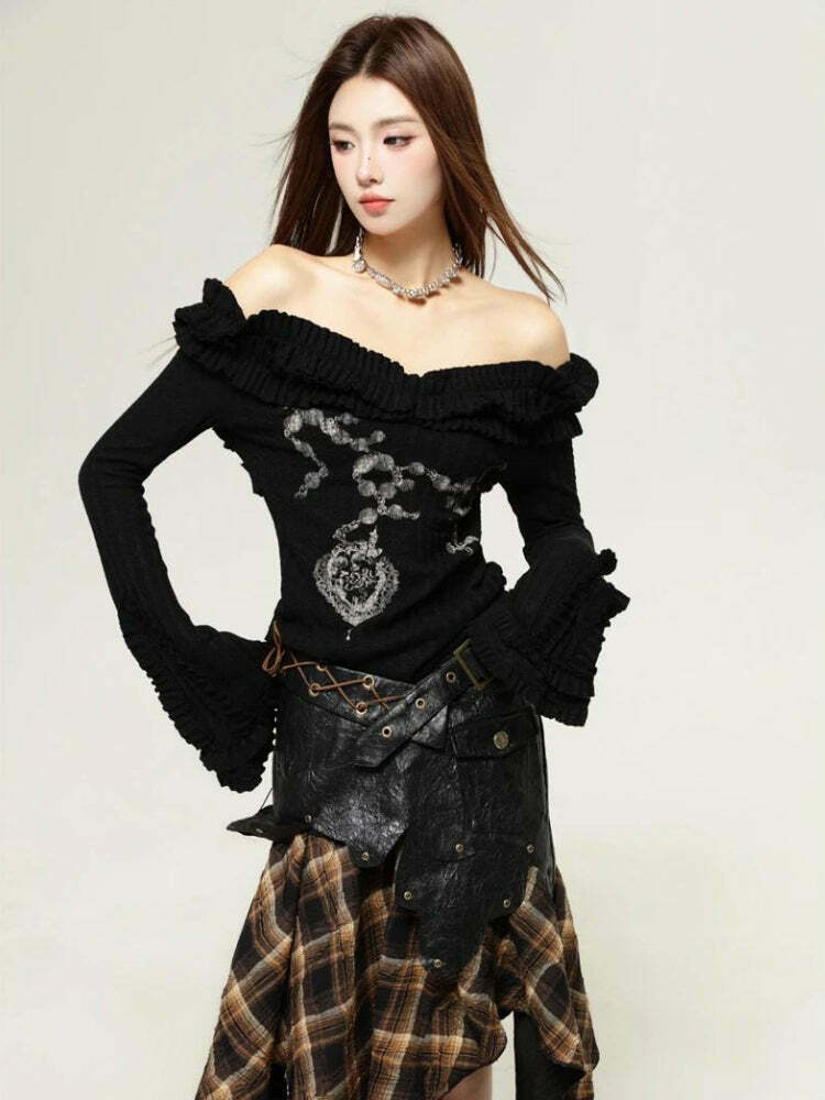 Fairy Grunge Cut Out Shoulder Top - Trendy Y2K Style Clothing for Fashion-Forward Looks