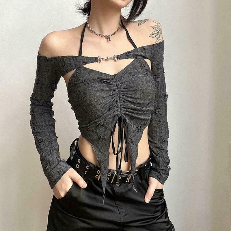 Fairy Grunge Detachable Sleeve Halter Top - Y2K Beaded Ring Halter in Korean Fashion Style