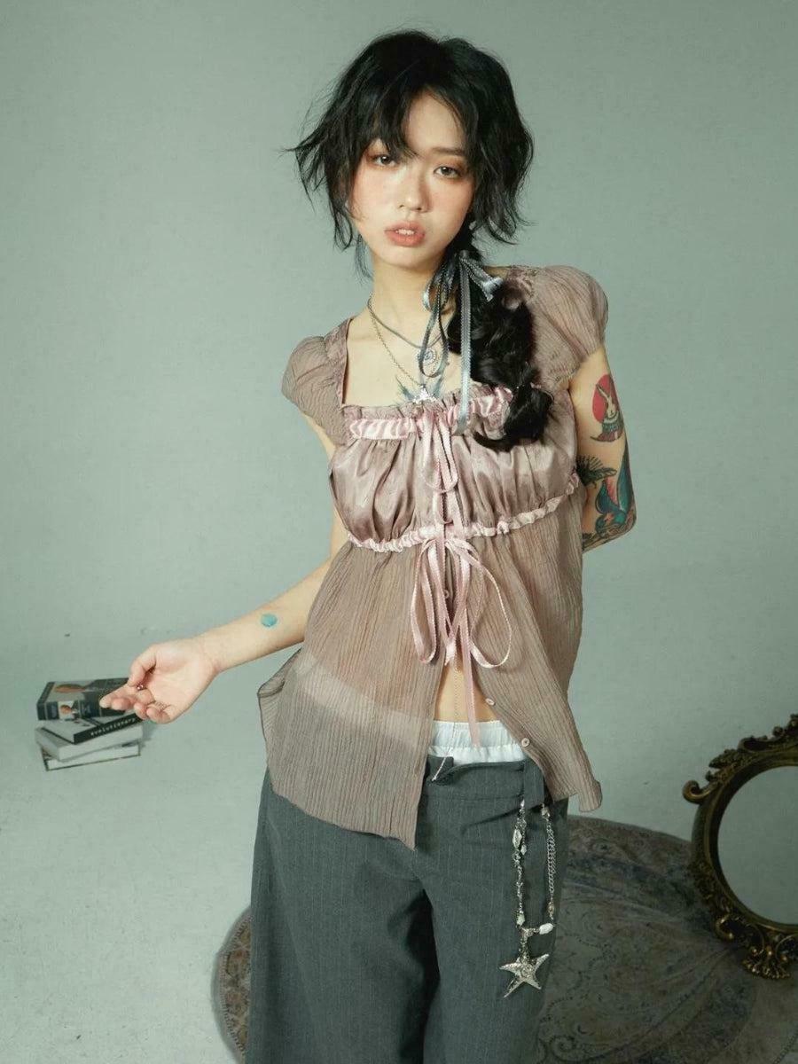 Fairy Grunge Sheer Ruched Top - Y2K Fashion Essential for Punk and Emo Styles