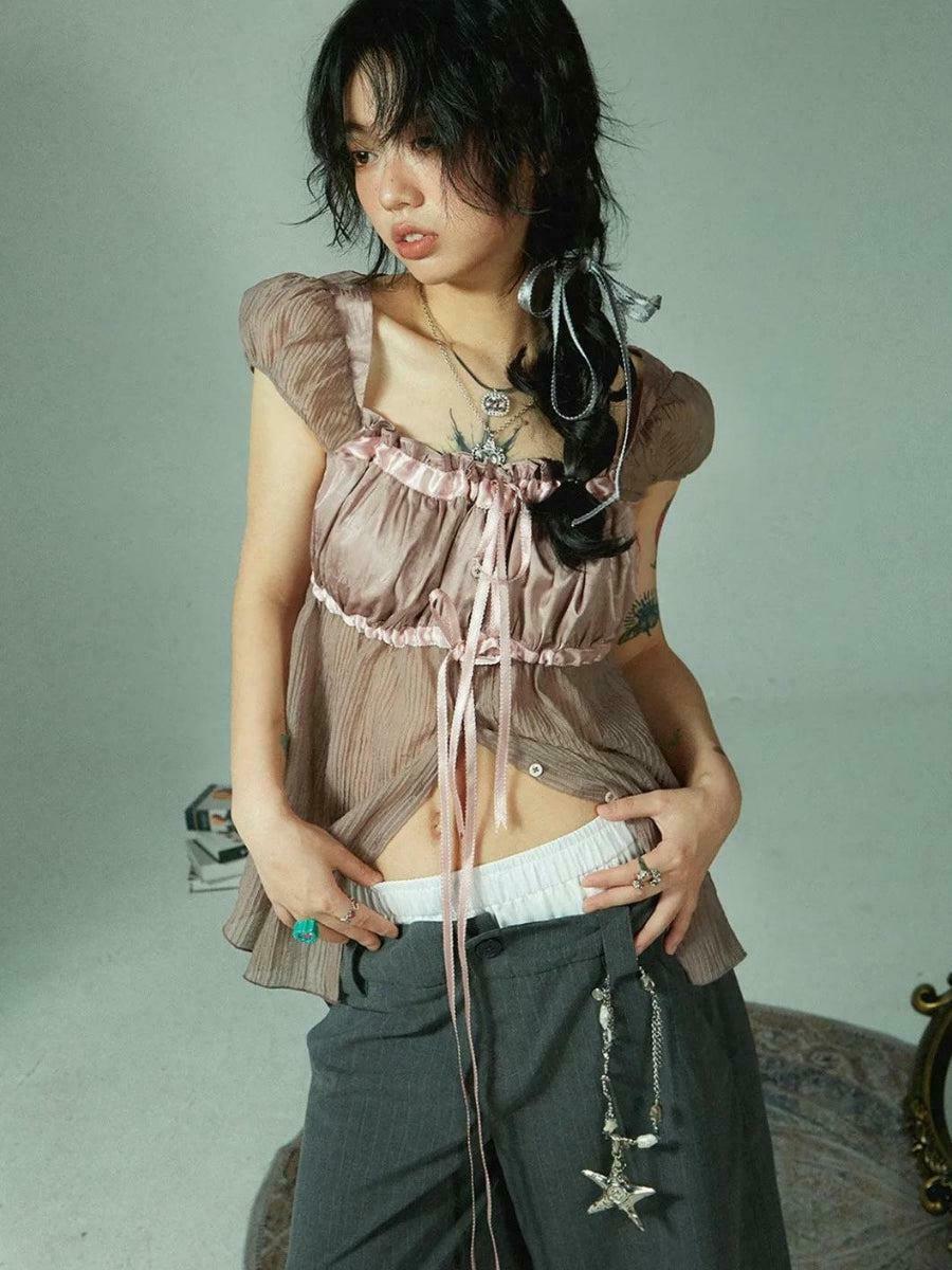 Fairy Grunge Sheer Ruched Top - Y2K Fashion Essential for Punk and Emo Styles