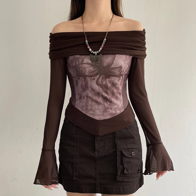 Fairycore Butterfly Ruched Off Shoulder Top - Trendy Y2K Fashion for a Chic Look