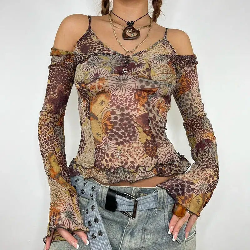 Fairycore Floral Mesh Top - Trendy Y2K Clothing for a Stylish, Retro-Inspired Look