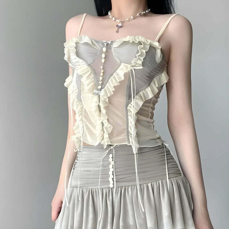 Fairycore Ruffled Mesh Corset Top - Lace & Ribbon Details for Y2K Princess Style