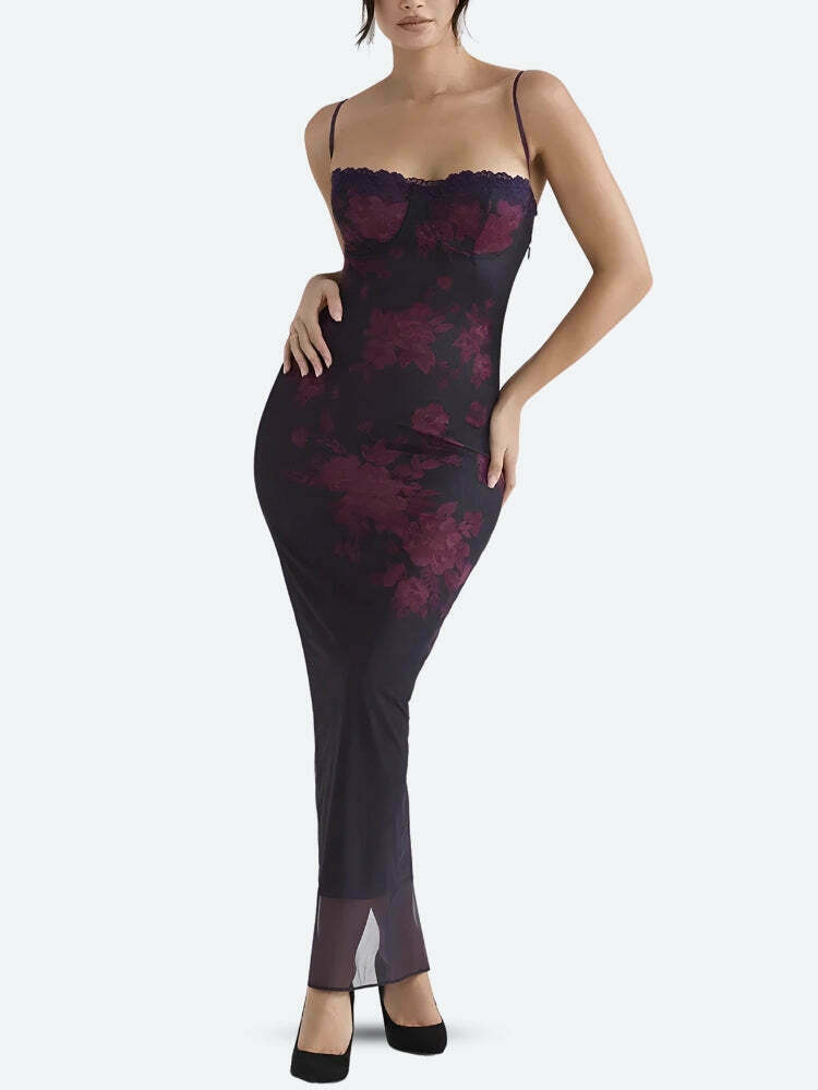 Floral Lace Up Mesh Maxi Dress - Trendy Y2K Bodycon Style for Fashion-Forward Looks