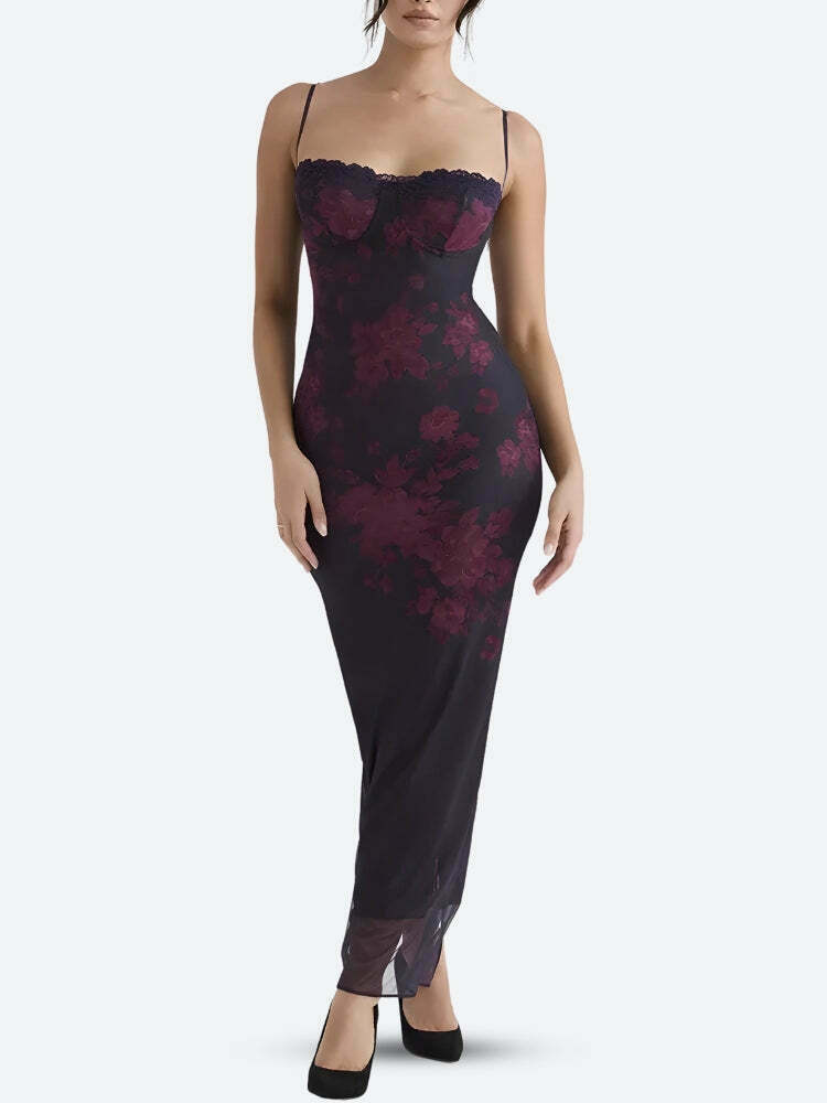 Floral Lace Up Mesh Maxi Dress - Trendy Y2K Bodycon Style for Fashion-Forward Looks