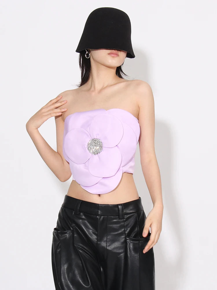 Flower Rhinestone Strapless Top - Trendy Korean Y2K Fashion for a Chic Look