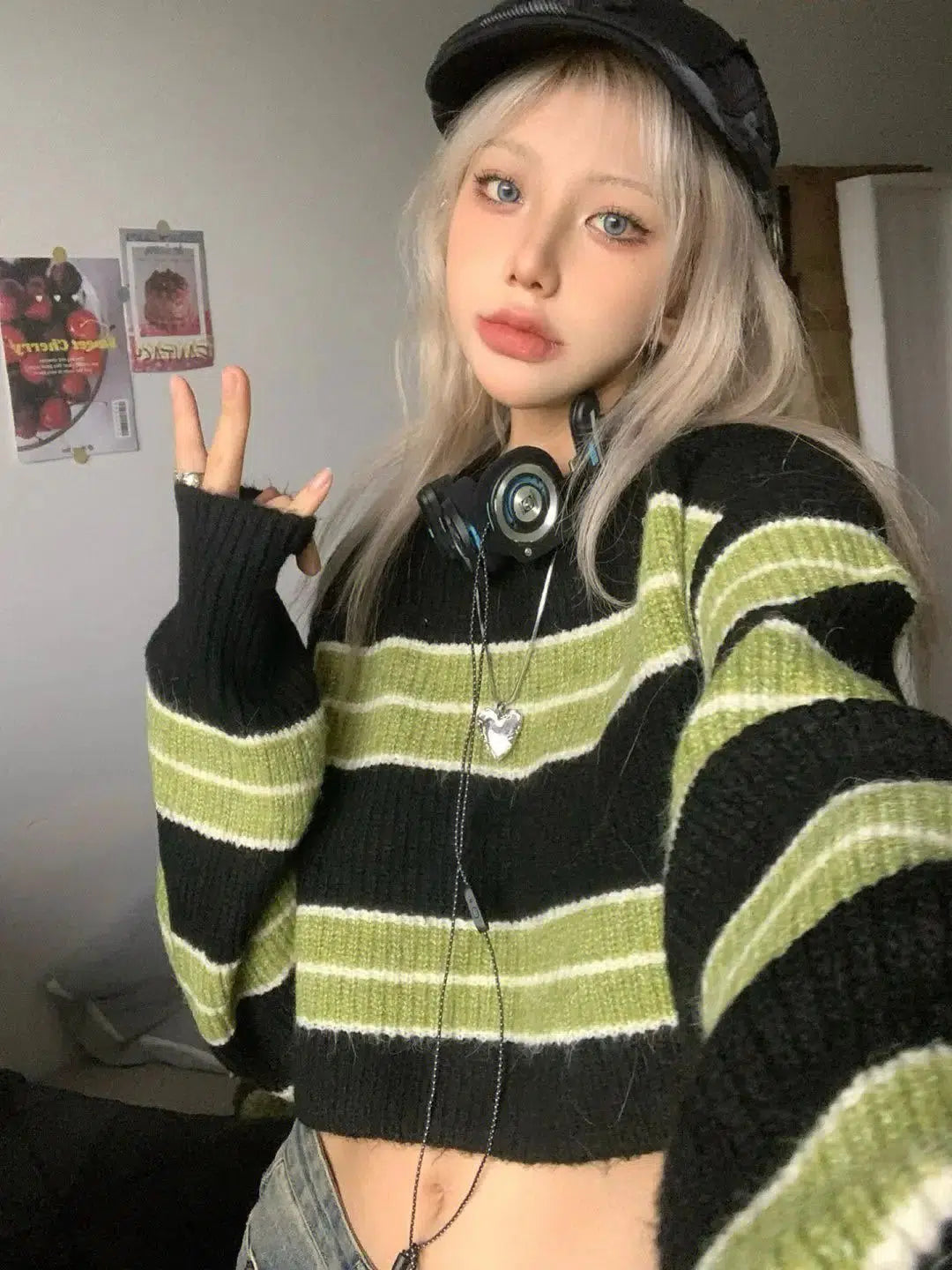 Funky Grunge Green Striped Crop Sweater - Y2K Style Clothing for Trendy Outfits