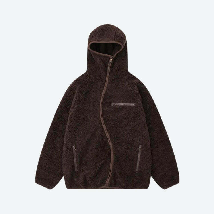 Funnel Neck Zip-Up Teddy Hoodie - Trendy Y2K Fashion for a Cozy, Stylish Look