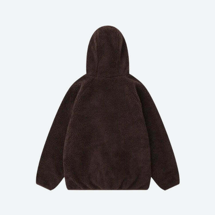 Funnel Neck Zip-Up Teddy Hoodie - Trendy Y2K Fashion for a Cozy, Stylish Look