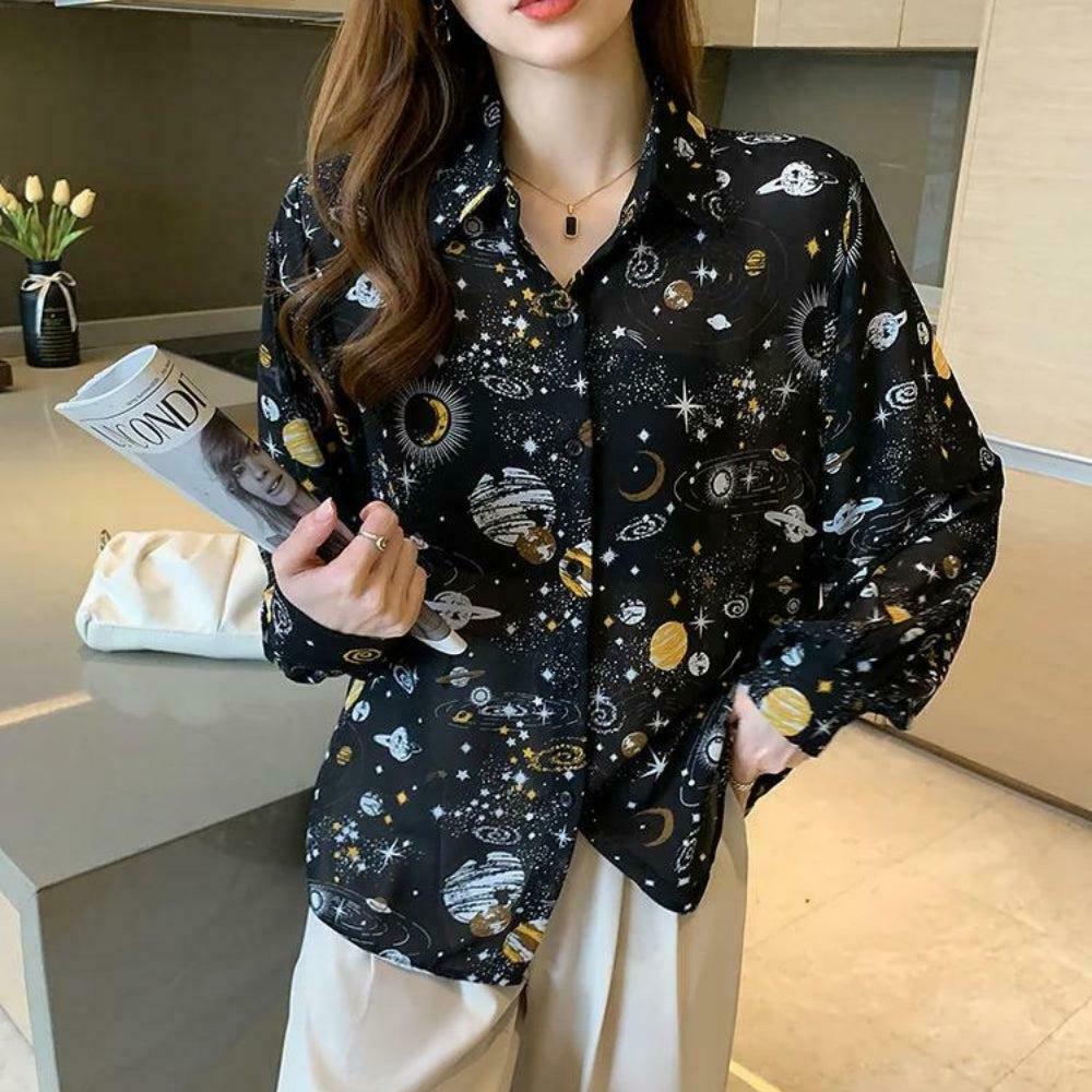 Galaxy Chiffon Shirt for Y2K Style - Trendy Chiffon Top for Modern Fashion Enthusiasts