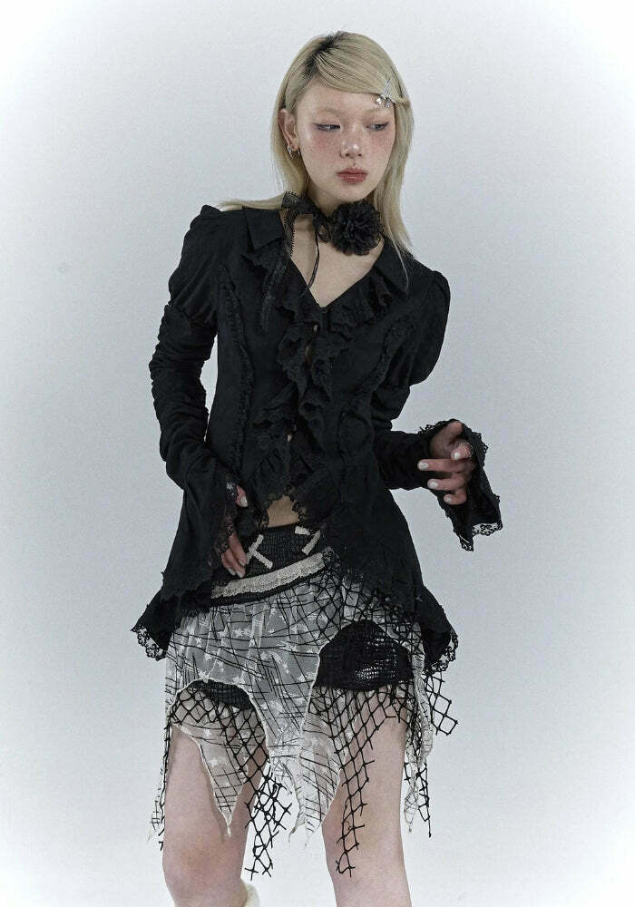 Goth Asymmetric Ruched Sleeve Shirt - Trendy Y2K Grunge Fashion for Unique Outfits