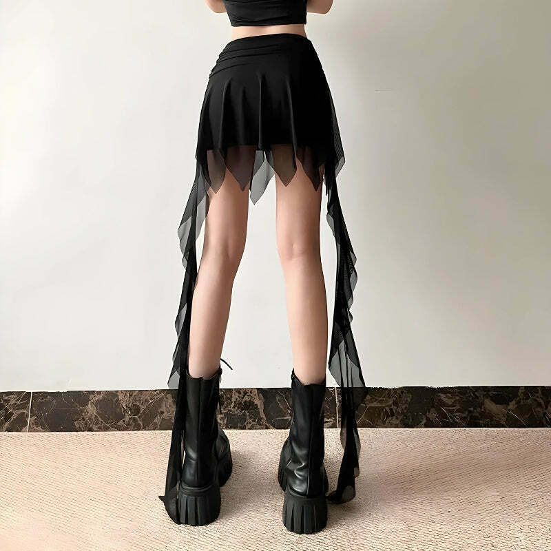 Goth Asymmetrical Mesh Mini Skirt - Trendy Y2K Fashion for a Unique Korean Style Look