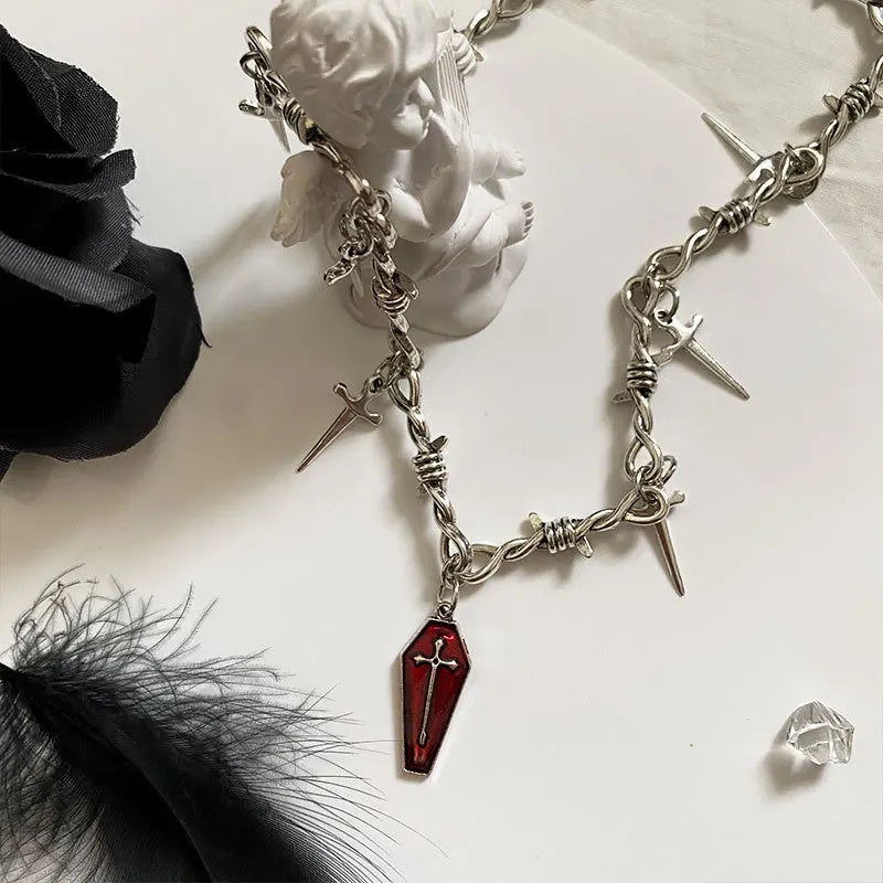 Goth Coffin & Swords Necklace - Y2K Fashion Statement Jewelry for Unique Style Lovers