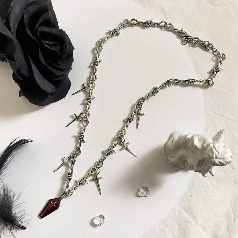 Goth Coffin & Swords Necklace - Y2K Fashion Statement Jewelry for Unique Style Lovers