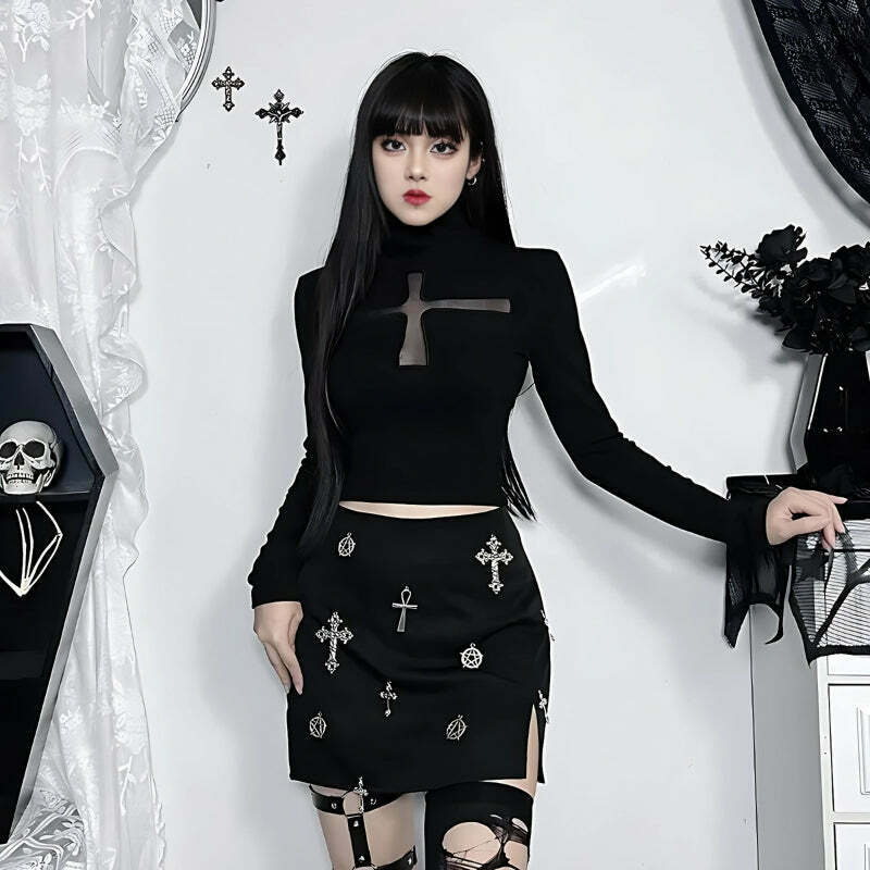 Goth Cross Cut Out Top for Y2K Style - Dark Street Fashion & Trendy Outfits 2025