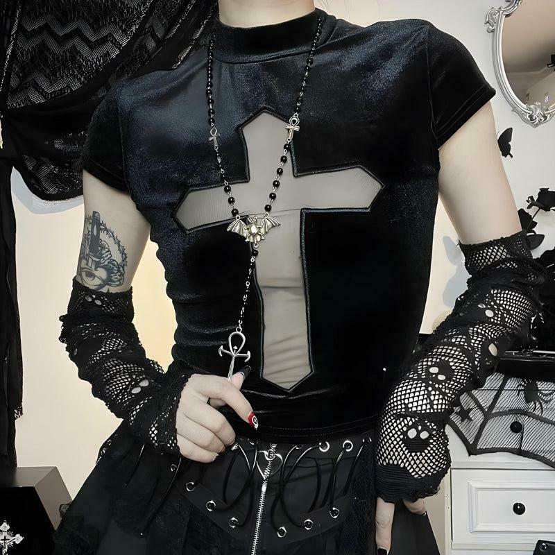 Goth Cross Cut Out Velvet Top - Y2K Style Clothing for a Bold 2000s Fashion Statement