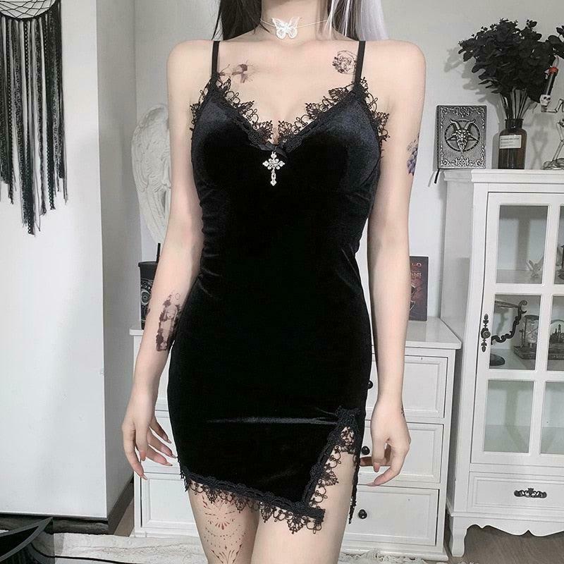 Goth Cross Detail Mini Dress - Trendy Y2K Grunge Fashion for Unique Style Enthusiasts