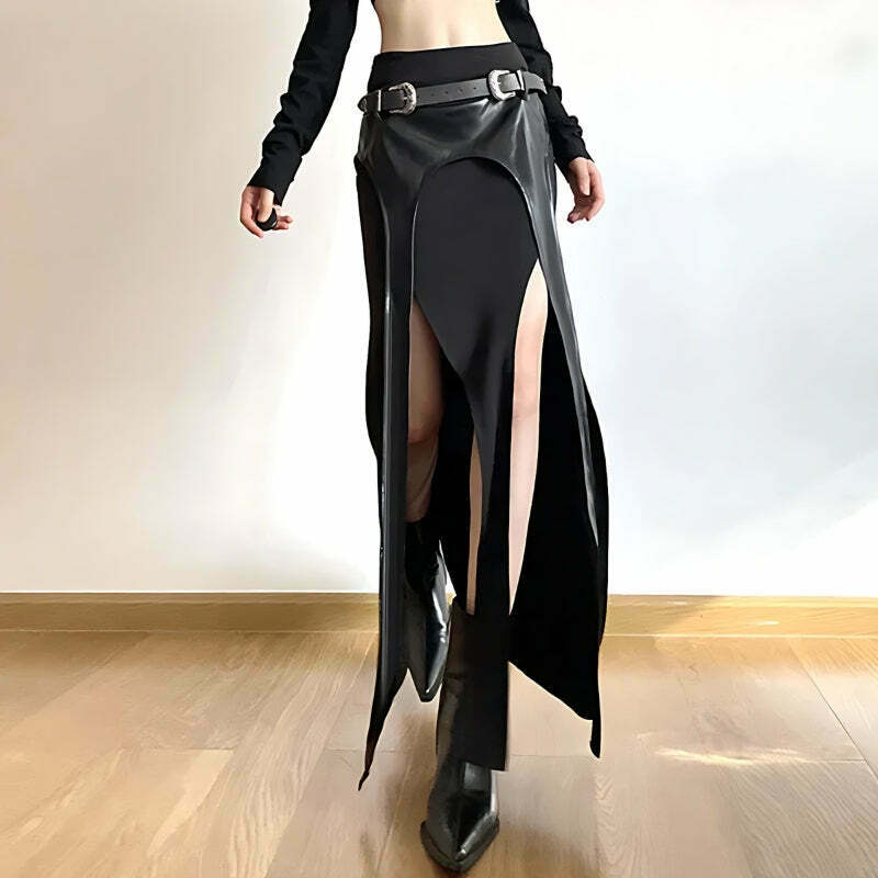 Goth Double Slit Maxi Skirt - Trendy Y2K Fashion for a Bold Look in Korean & Asian Styles