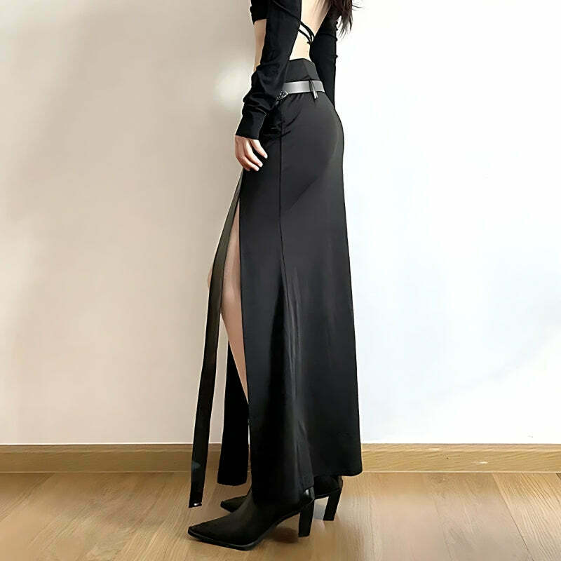 Goth Double Slit Maxi Skirt - Trendy Y2K Fashion for a Bold Look in Korean & Asian Styles