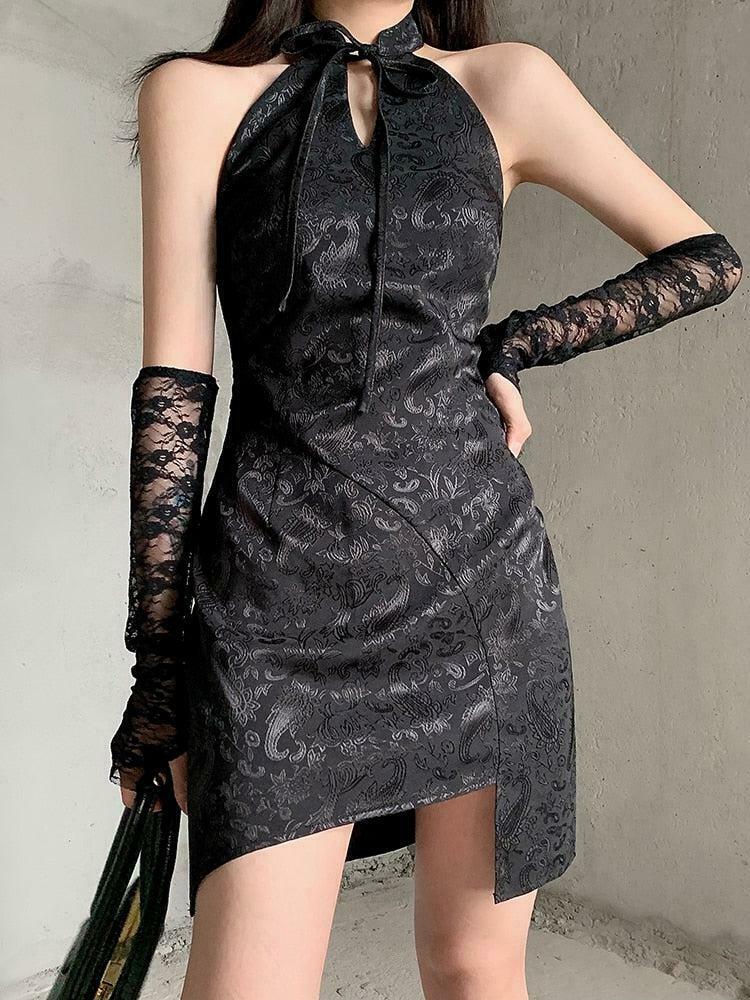 Goth Halter Mini Dress - Trendy Y2K Fashion Inspired by Korean & Wear Styles