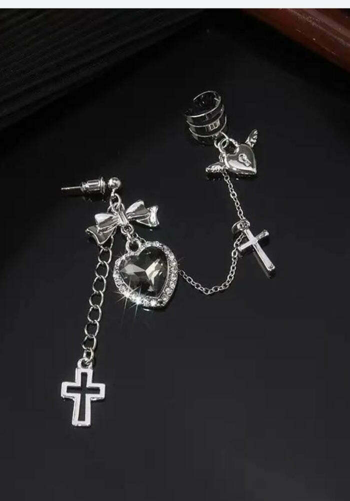 Goth Heart Cross Chain Earrings - Y2K Style Jewelry for Trendy Outfits and Vibes