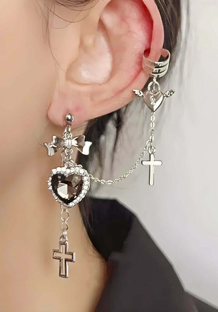 Goth Heart Cross Chain Earrings - Y2K Style Jewelry for Trendy Outfits and Vibes