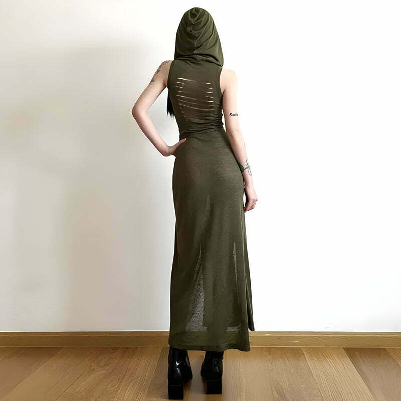 Goth Hooded Cut Out Back Midi Dress - Trendy Y2K Clothing for a Unique Style Statement