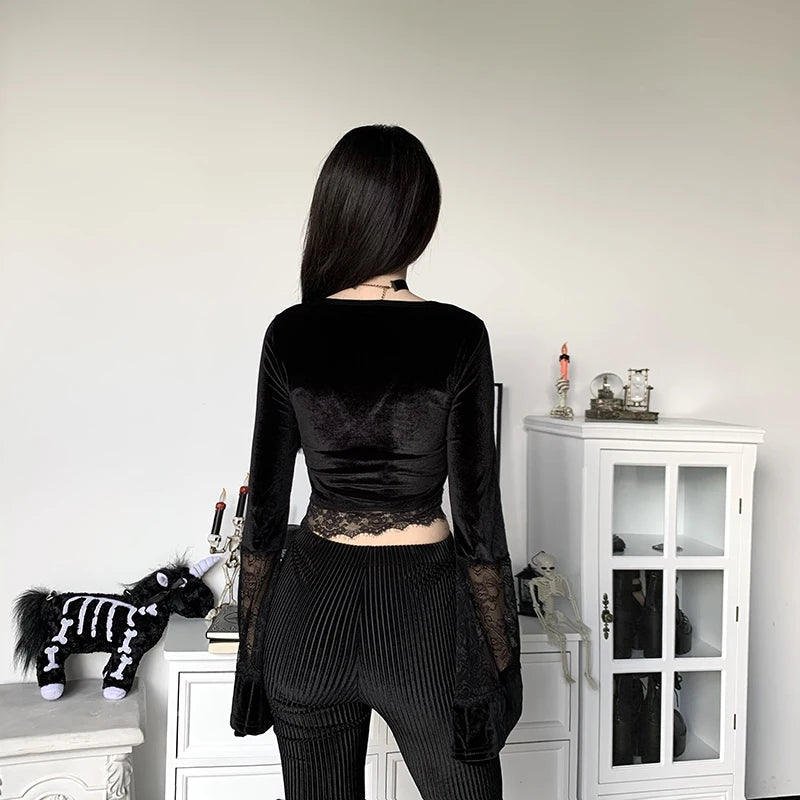 Goth Lace Flare Cuffs Crop Top - Trendy Y2K Fashion for a Stylish Korean Look