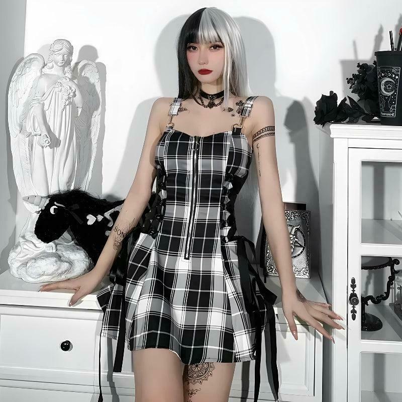 Goth Plaid Lace Up Mini Dress - Trendy Y2K Fashion for a Chic Korean Look