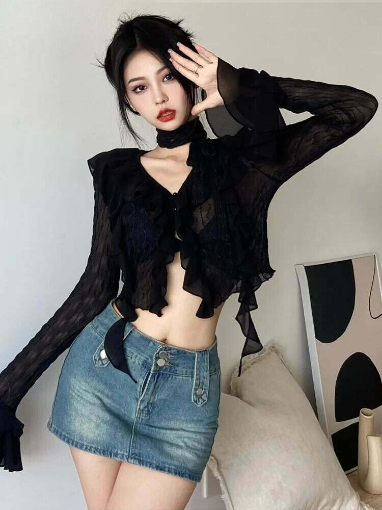 Goth Sheer Ruffled Crop Top for Y2K Style - Trendy Alt Fashion Shirt for 2024 Outfits