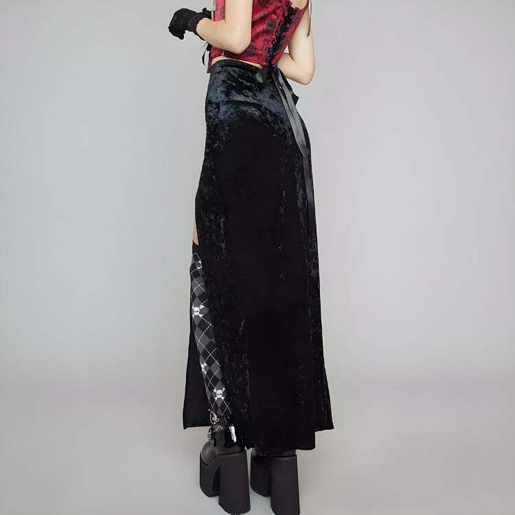 Goth Velvet High Split Midi Skirt for Y2K Fashion Lovers - Trendy Velvet Skirt for All