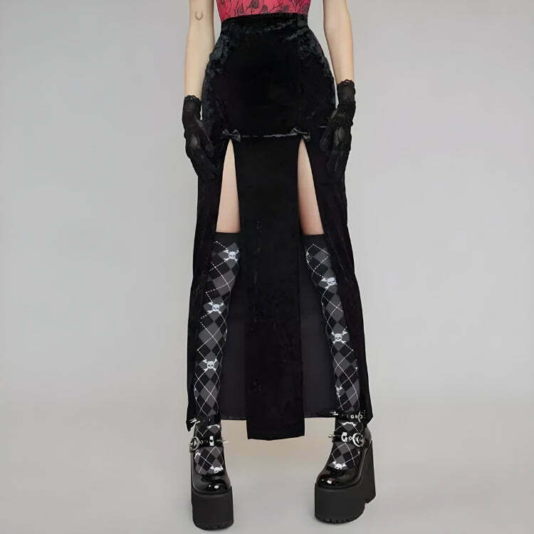 Goth Velvet High Split Midi Skirt for Y2K Fashion Lovers - Trendy Velvet Skirt for All