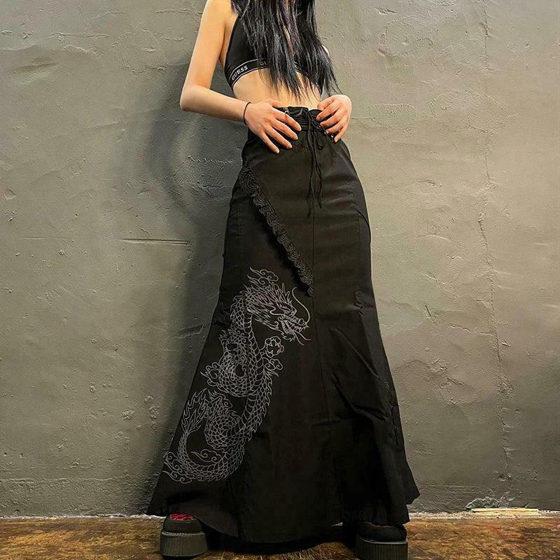 Gothic Dragon Printed Maxi Skirt - Trendy Y2K Fashion for a Bold Asian Aesthetic