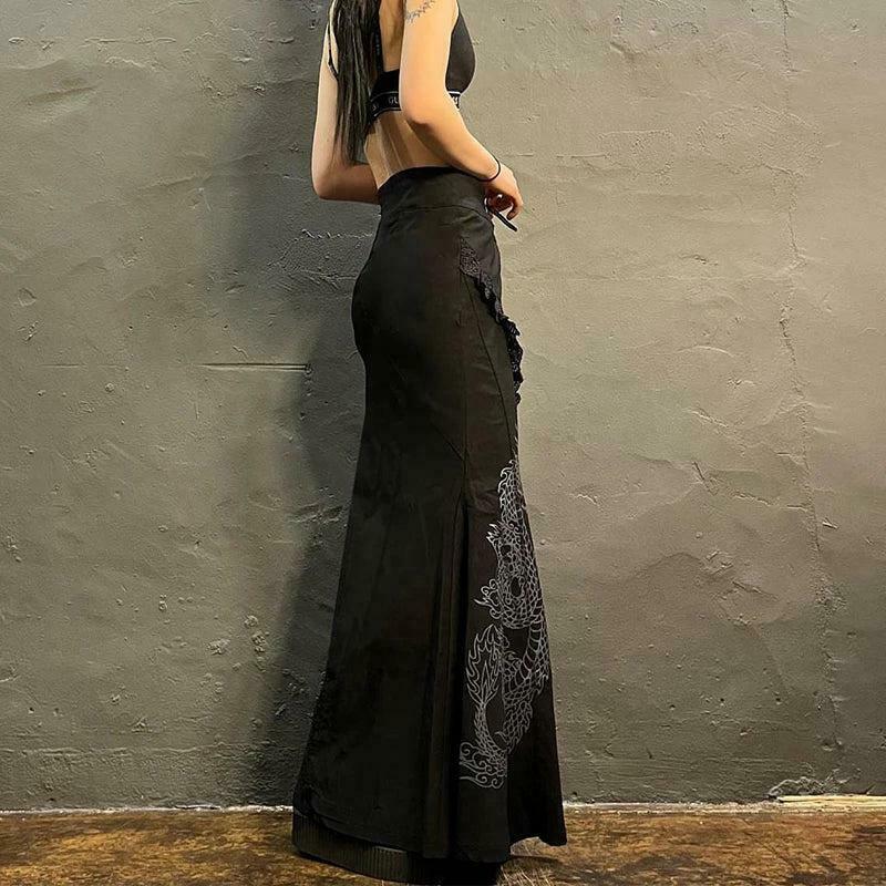 Gothic Dragon Printed Maxi Skirt - Trendy Y2K Fashion for a Bold Asian Aesthetic