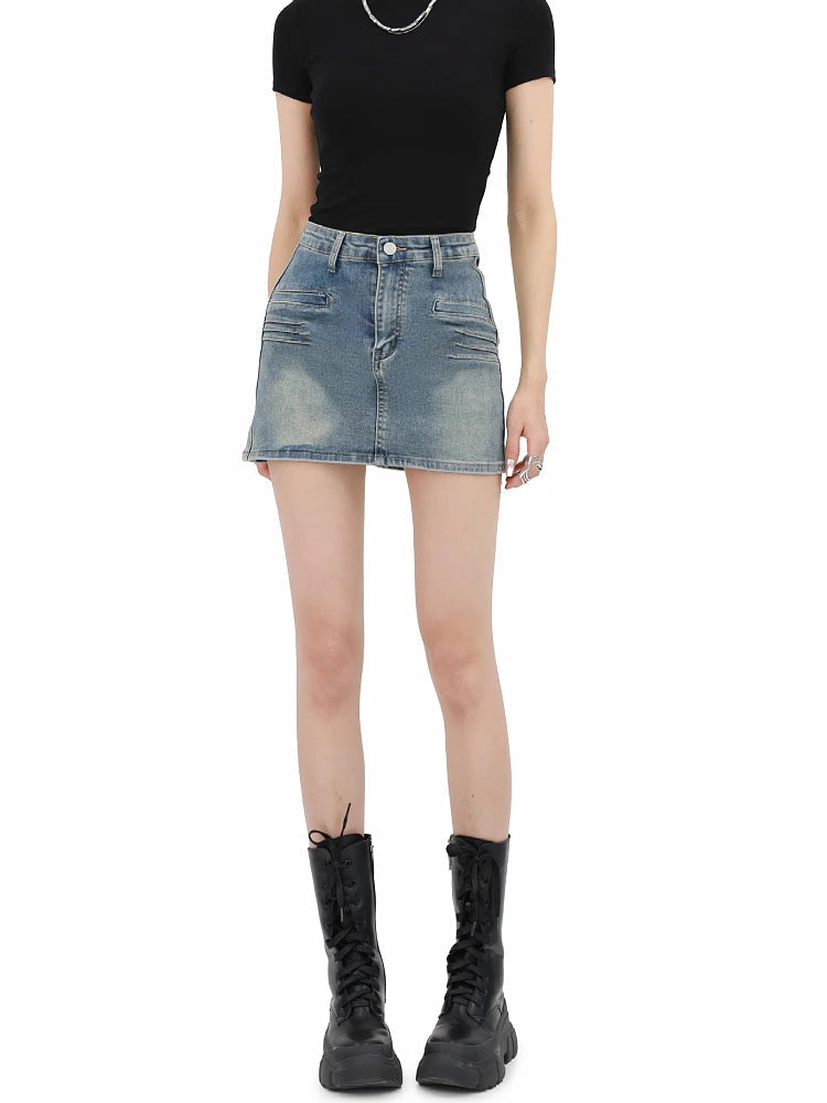 Grunge A-Line Denim Mini Skirt for Y2K Style - Trendy Fake Pocket Design