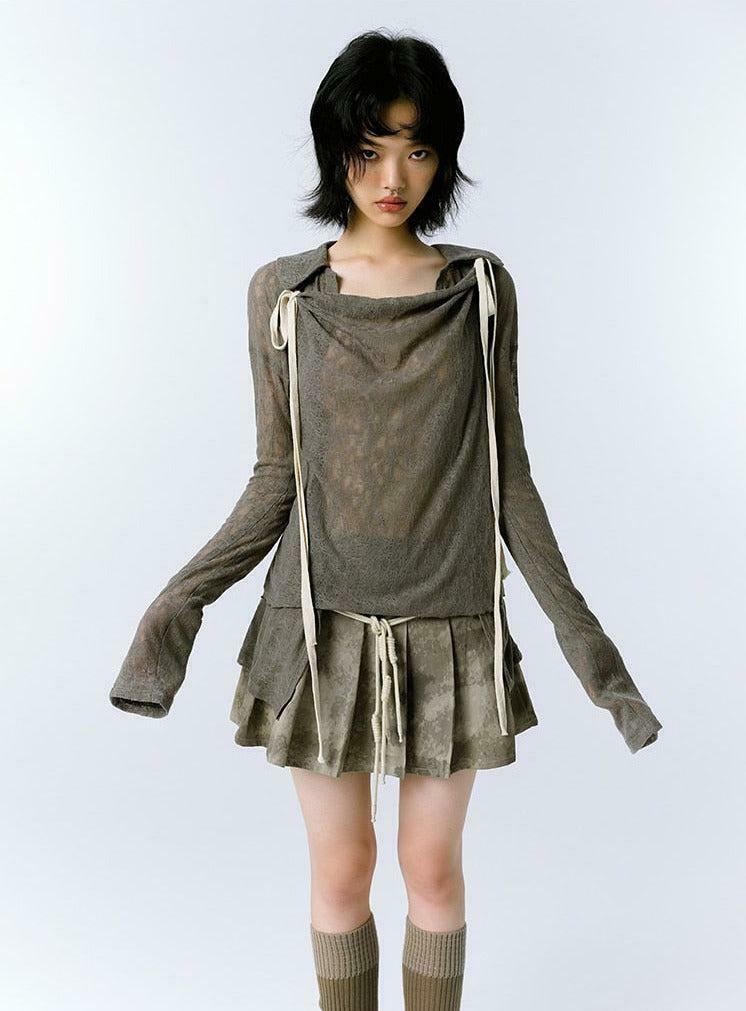 Grunge Asymmetric Long Sleeve Lace Top - Trendy Y2K Fashion for a Chic Look