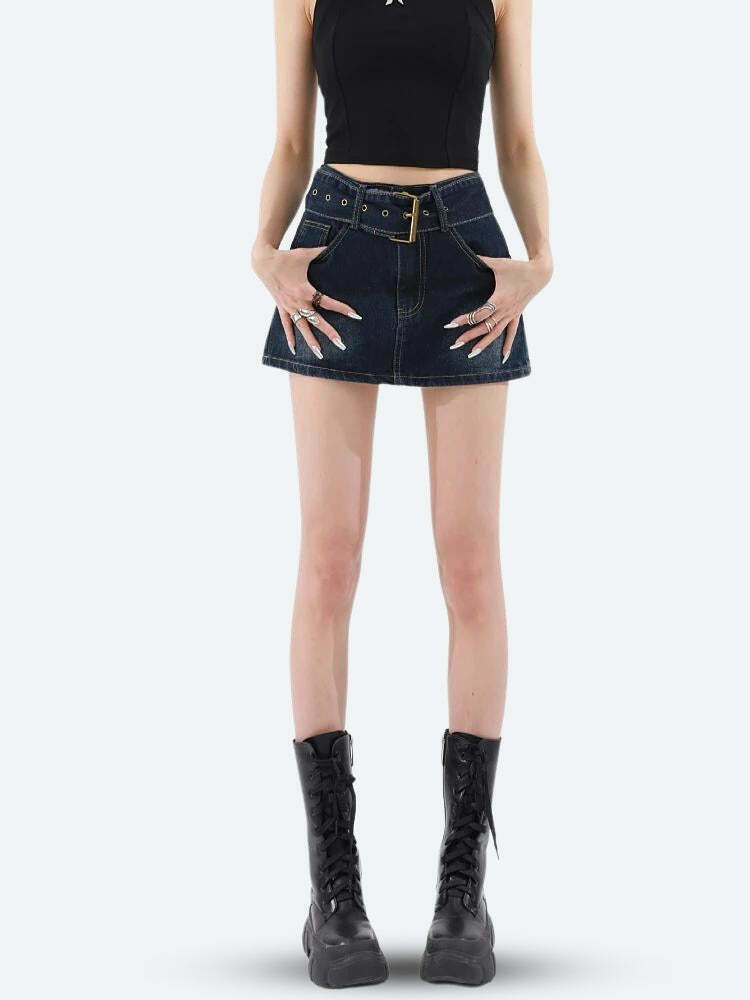 Grunge Belted A-Line Denim Mini Skirt - Trendy Y2K Style for 2024 Outfits