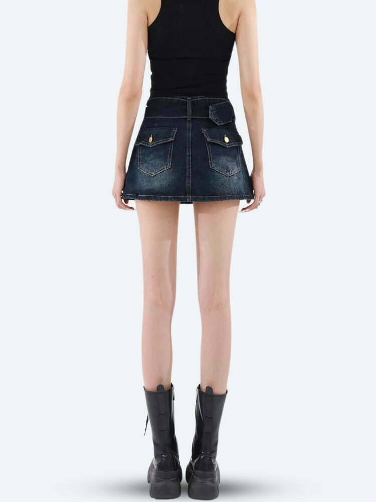 Grunge Belted A-Line Denim Mini Skirt - Trendy Y2K Style for 2024 Outfits