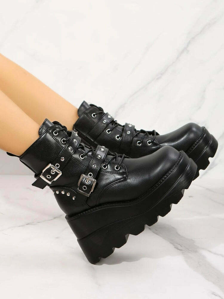 Grunge Belted Black and White Platform Boots with Stars - Y2K Style Footwear