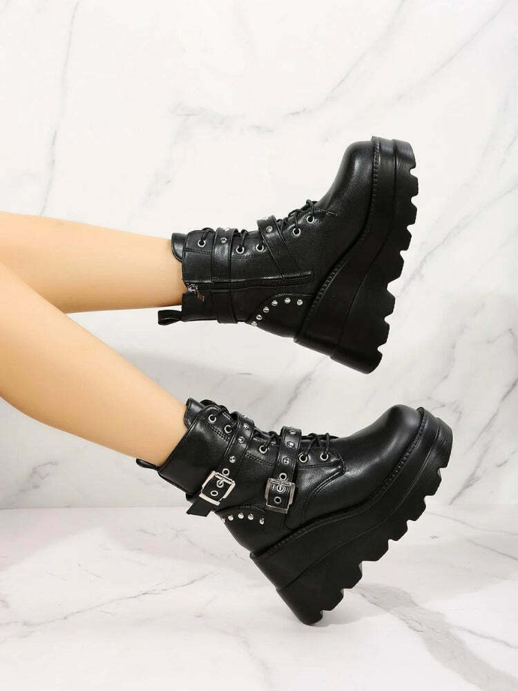 Grunge Belted Black and White Platform Boots with Stars - Y2K Style Footwear