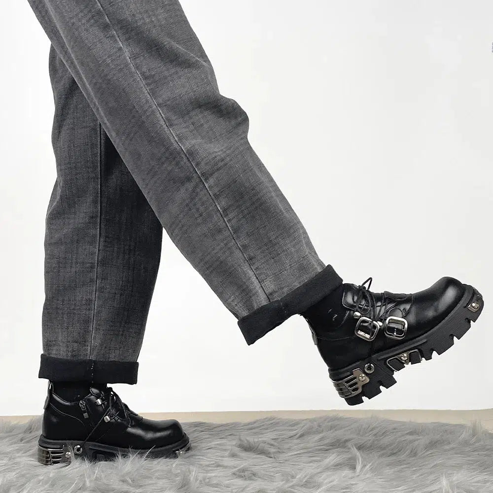 Grunge Belted Lace-Up Platform Boots for Y2K Style Enthusiasts - Trendy Lace-Up Footwear